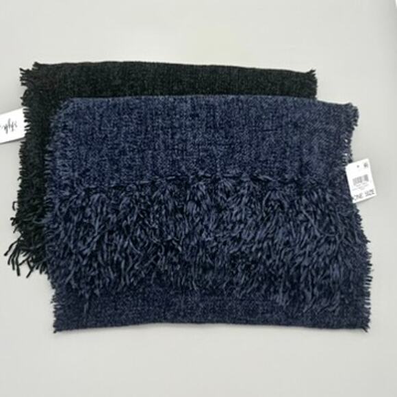 Style & Co Scarf Womens One Size Set of 2 Black Navy Fringe Trim Chenille Warm - Picture 1 of 8